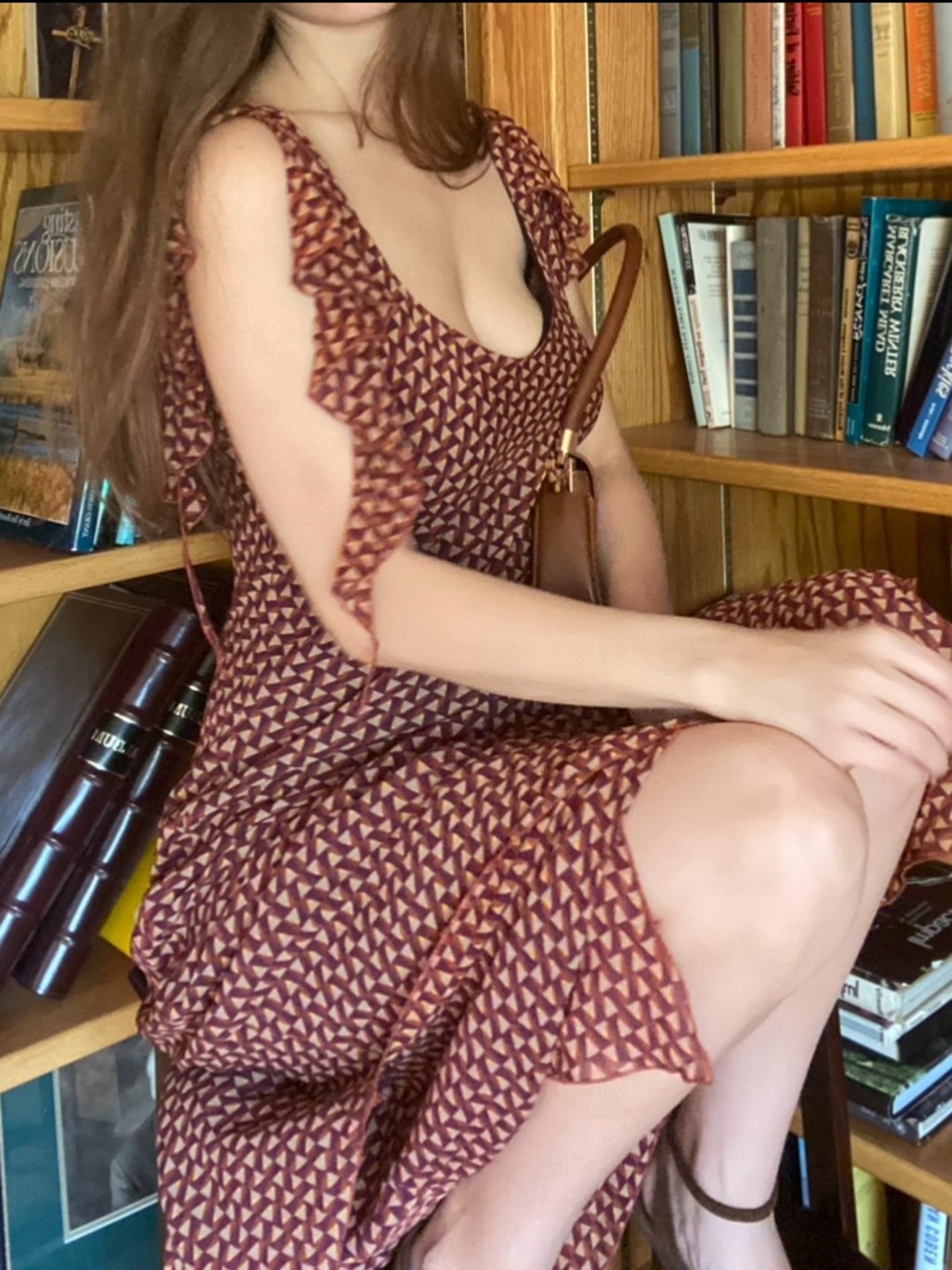 Vintage Lapis Burgundy / Purple Geometric Ruffle-Shoulder Maxi Dress